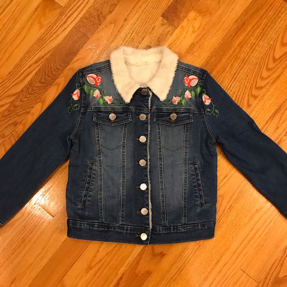 Girl’s Floral Embroidery Denim Jean Jacket with Faux Fur Lining